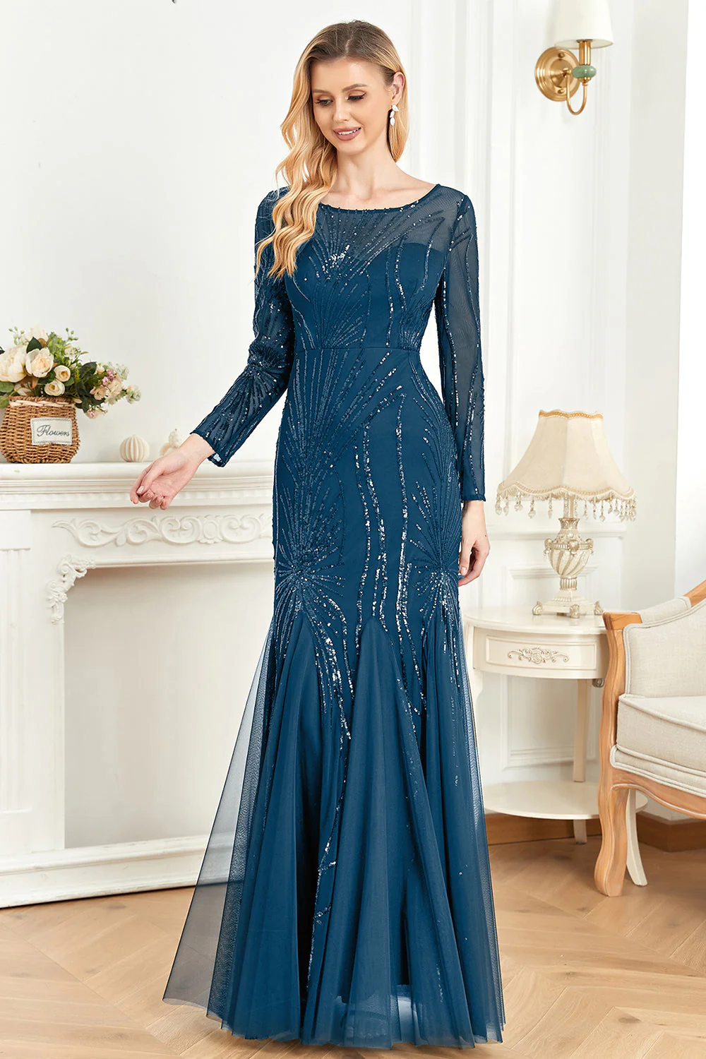 Sparkly Ink Blue Appliques Beads Long Sleeves Round Neck Mother Of The Bride Dress - Image 4