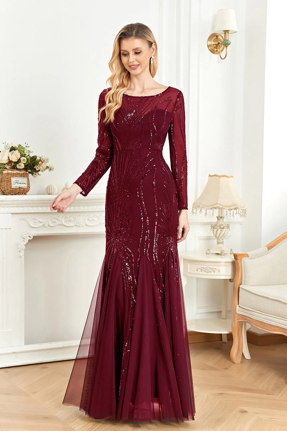 Sparkly Ink Blue Appliques Beads Long Sleeves Round Neck Mother Of The Bride Dress - Image 5