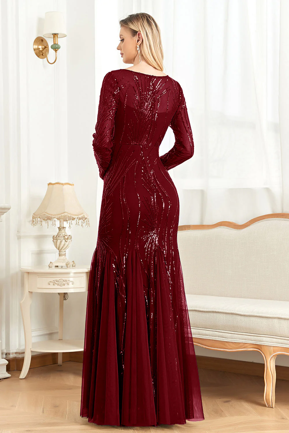 Sparkly Ink Blue Appliques Beads Long Sleeves Round Neck Mother Of The Bride Dress - Image 6