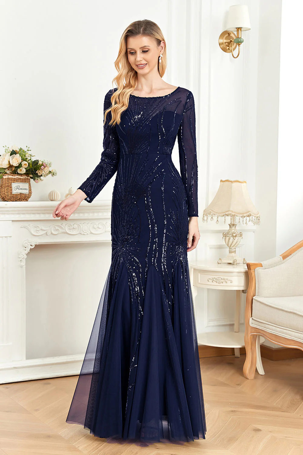 Sparkly Ink Blue Appliques Beads Long Sleeves Round Neck Mother Of The Bride Dress - Image 7
