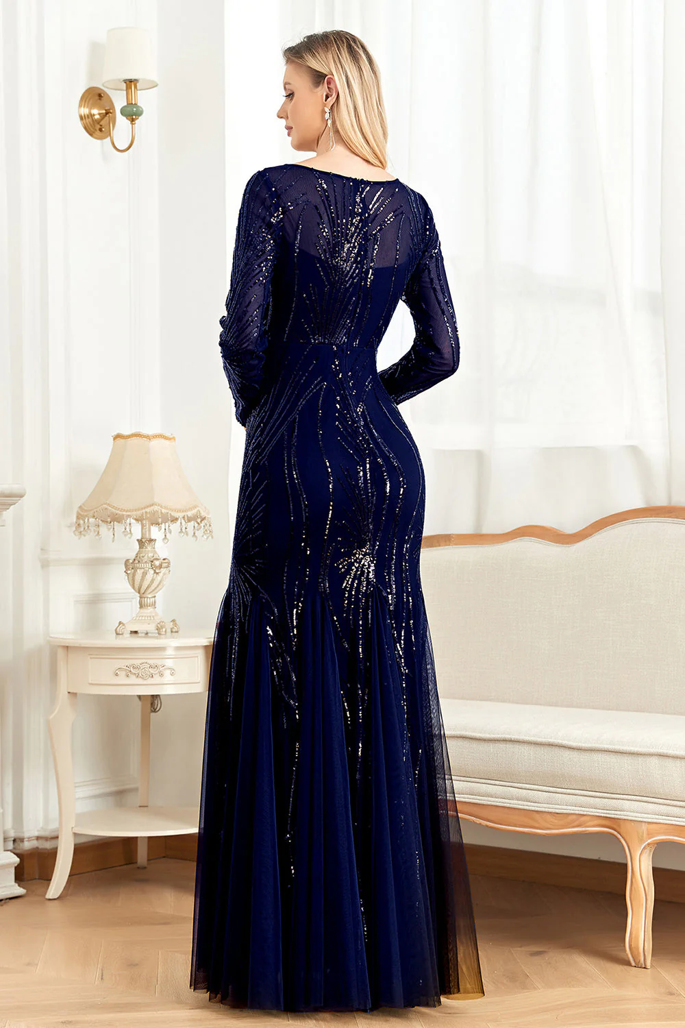 Sparkly Ink Blue Appliques Beads Long Sleeves Round Neck Mother Of The Bride Dress - Image 8