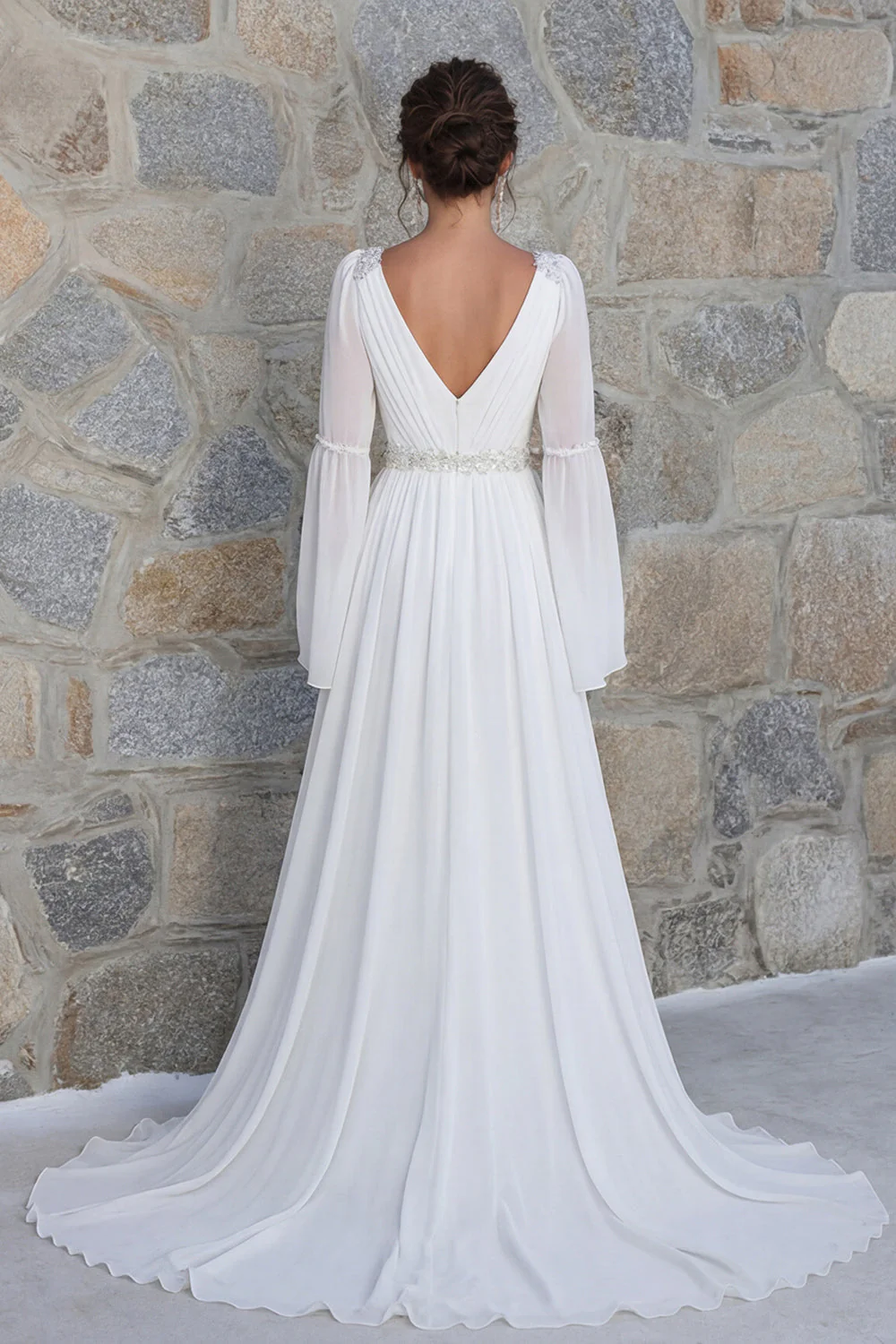 Sparkly Ivory Beaded V Neck Long Sleeves Wedding Dress with Slit - Image 2