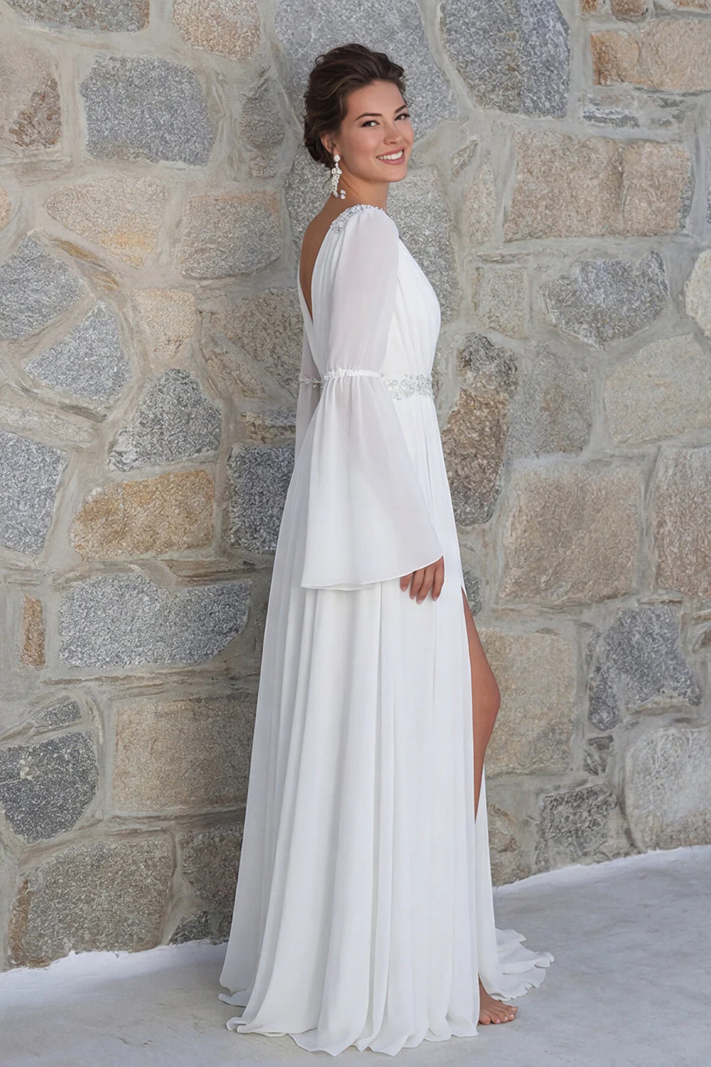 Sparkly Ivory Beaded V Neck Long Sleeves Wedding Dress with Slit - Image 3