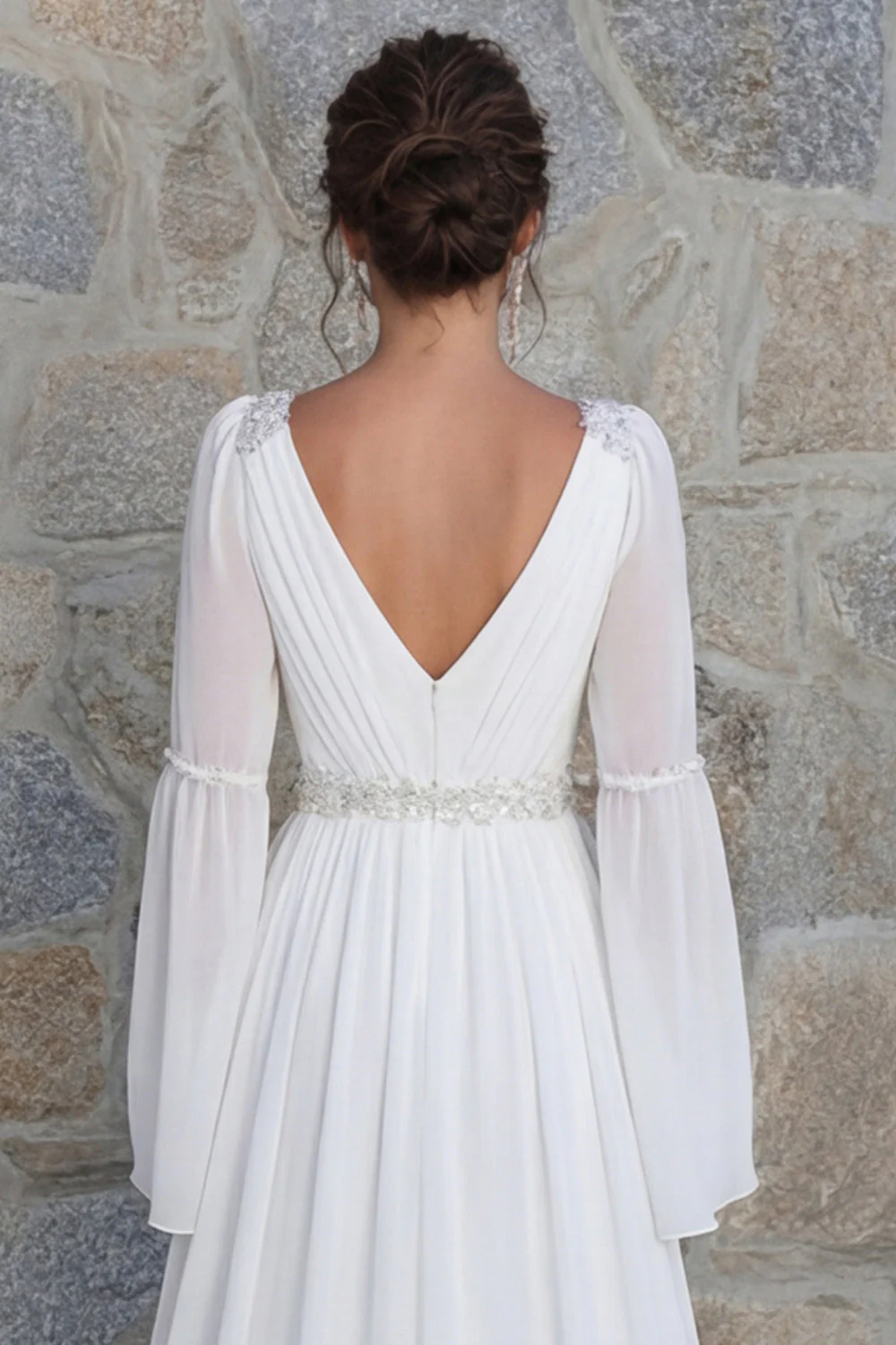 Sparkly Ivory Beaded V Neck Long Sleeves Wedding Dress with Slit - Image 5