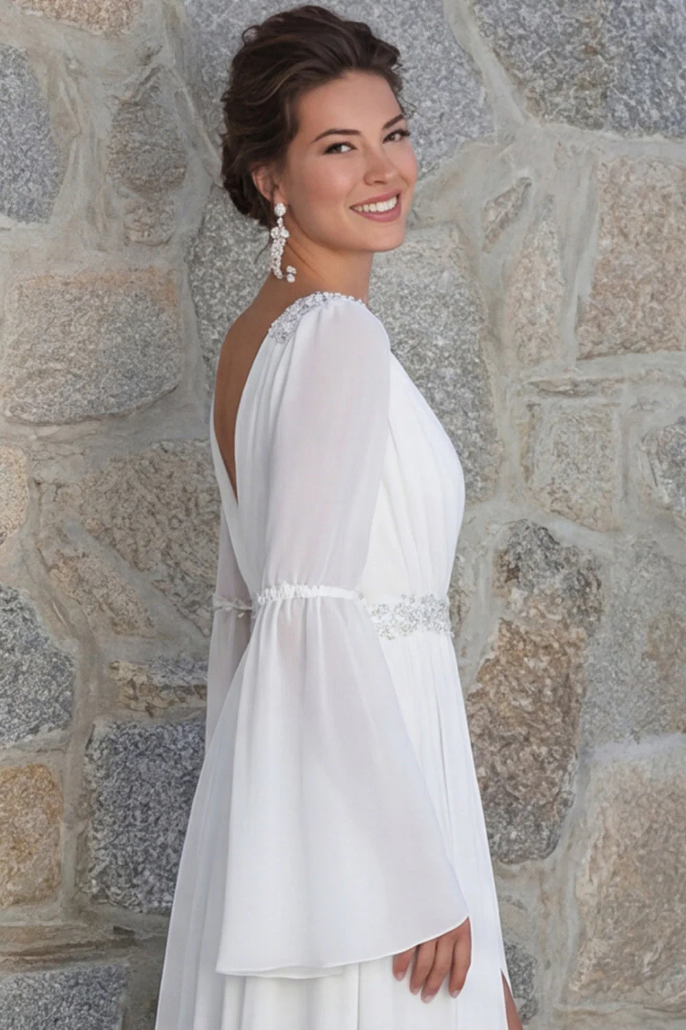 Sparkly Ivory Beaded V Neck Long Sleeves Wedding Dress with Slit - Image 6