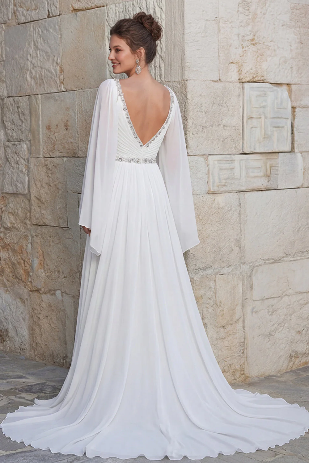 Sparkly Ivory Chiffon A Line V Neck Long Wedding Dress with Slit - Image 2