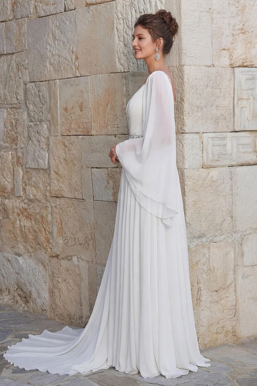 Sparkly Ivory Chiffon A Line V Neck Long Wedding Dress with Slit - Image 3