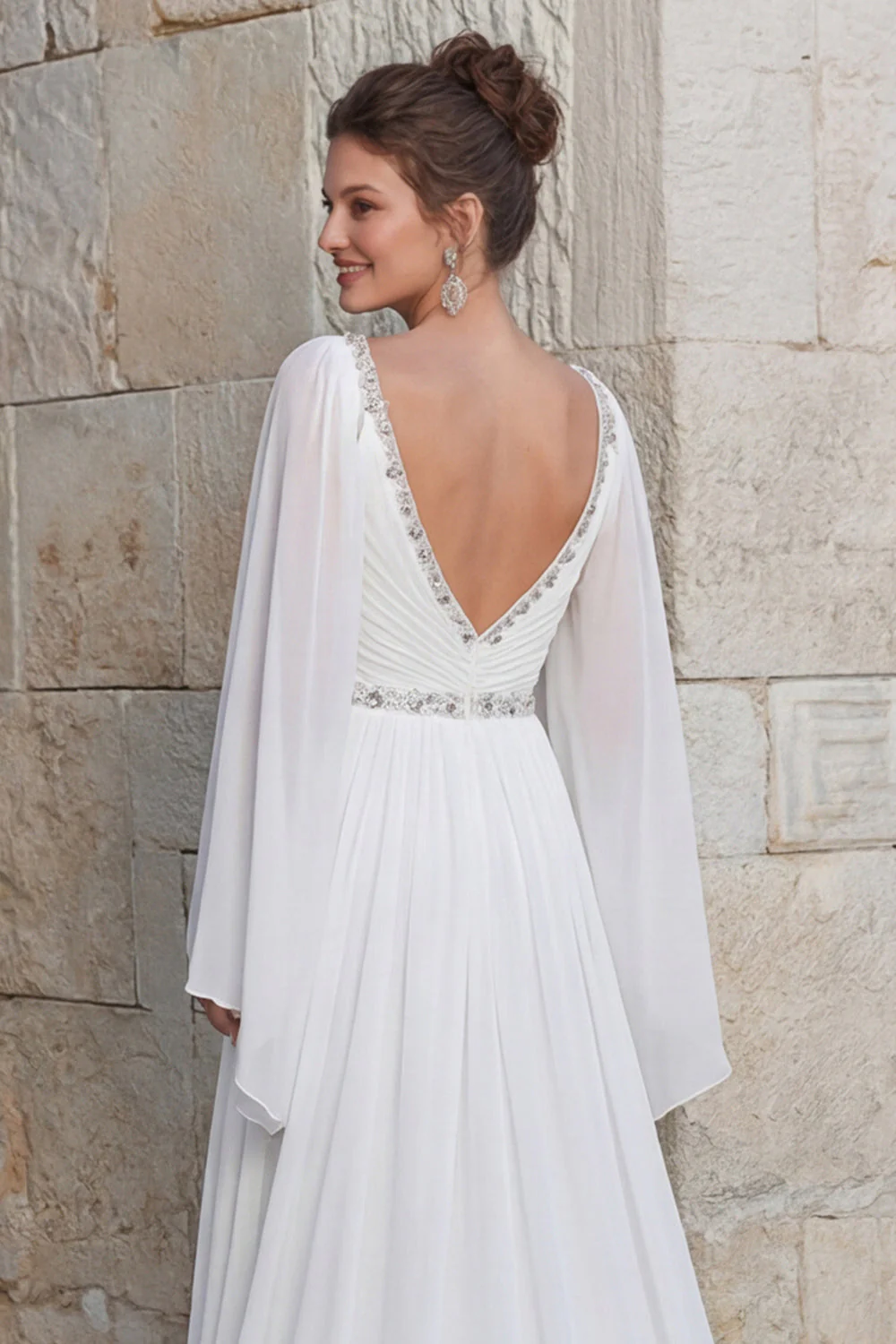 Sparkly Ivory Chiffon A Line V Neck Long Wedding Dress with Slit - Image 5