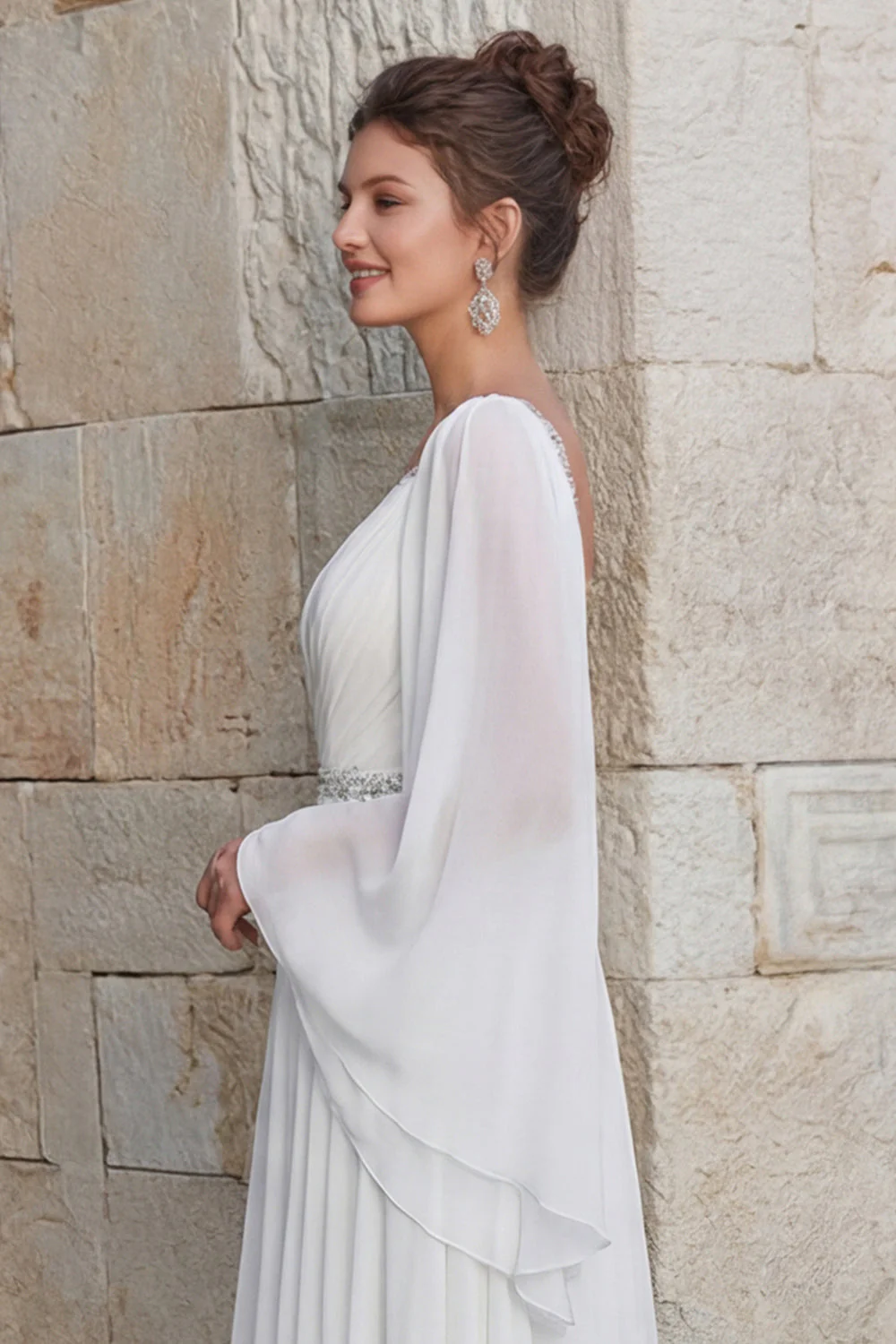 Sparkly Ivory Chiffon A Line V Neck Long Wedding Dress with Slit - Image 6