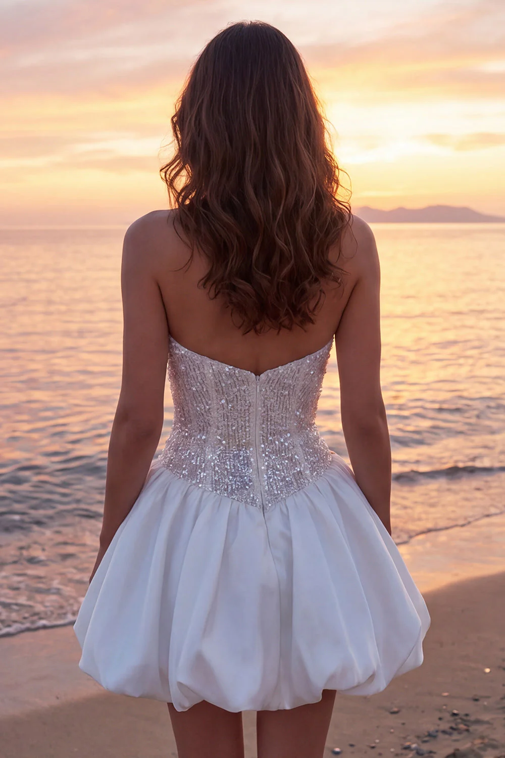 Sparkly Ivory Strapless Ruched A Line Short Bridal Shower Dress with Sequins - Image 2
