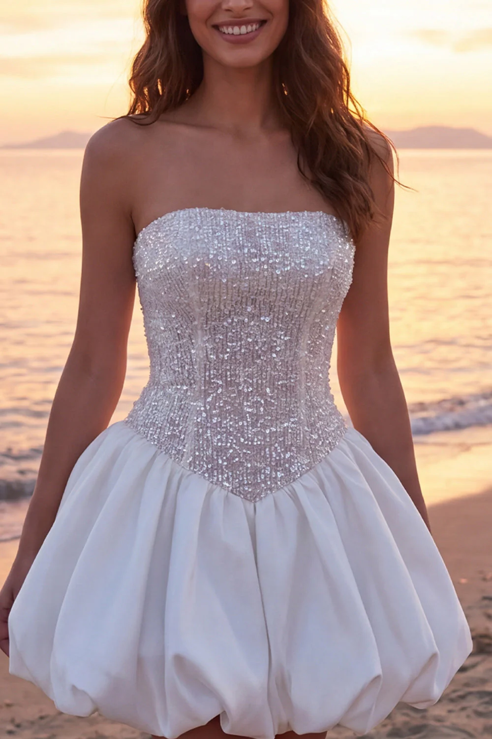 Sparkly Ivory Strapless Ruched A Line Short Bridal Shower Dress with Sequins - Image 3