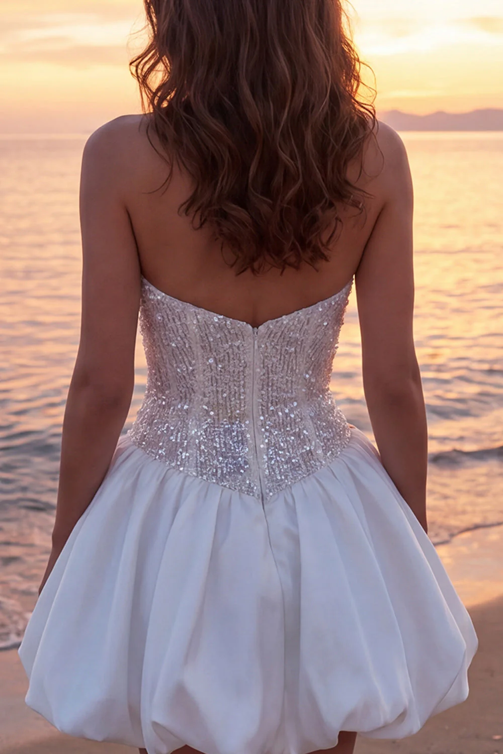 Sparkly Ivory Strapless Ruched A Line Short Bridal Shower Dress with Sequins - Image 4
