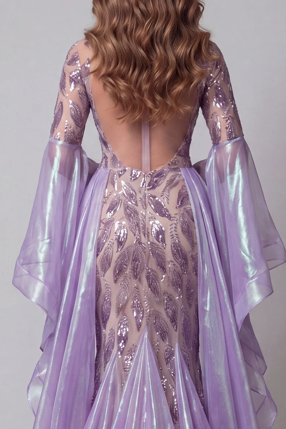 Sparkly Lavender Mermaid Illusion Neck Long Beaded Evening Dress - Image 4