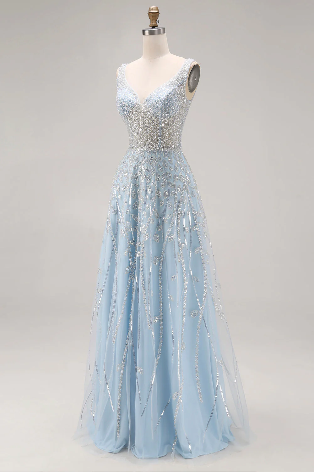 Sparkly Light Blue A-Line Beaded Long Prom Dress with Sequins - Image 3
