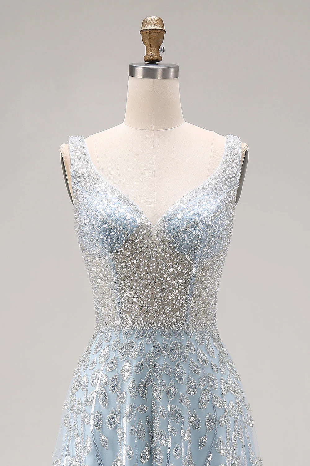 Sparkly Light Blue A-Line Beaded Long Prom Dress with Sequins - Image 4