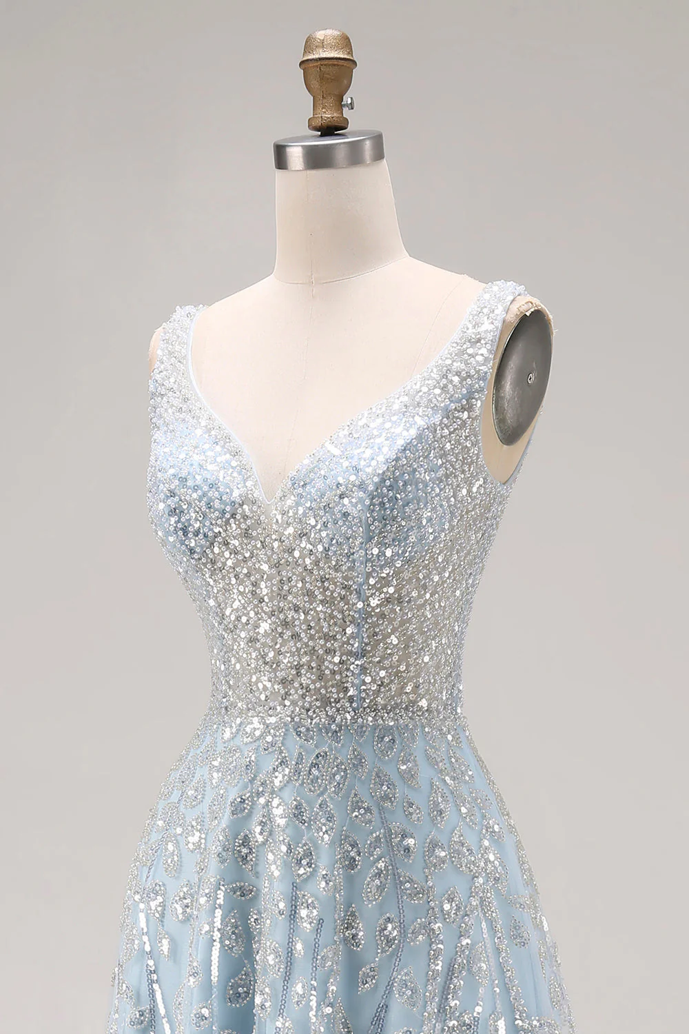 Sparkly Light Blue A-Line Beaded Long Prom Dress with Sequins - Image 6