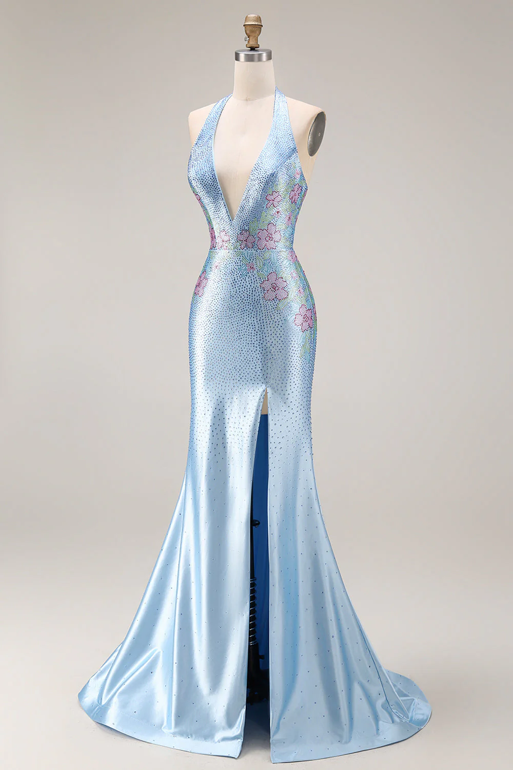 Sparkly Light Blue Beaded Satin V Neck Mermaid Long Prom Dress with Slit - Image 4