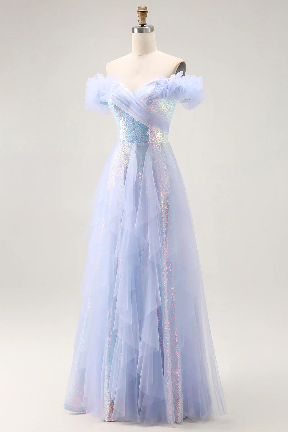 Sparkly Light Blue Off The Shoulder A Line Long Prom Dress with Seuqins - Image 3