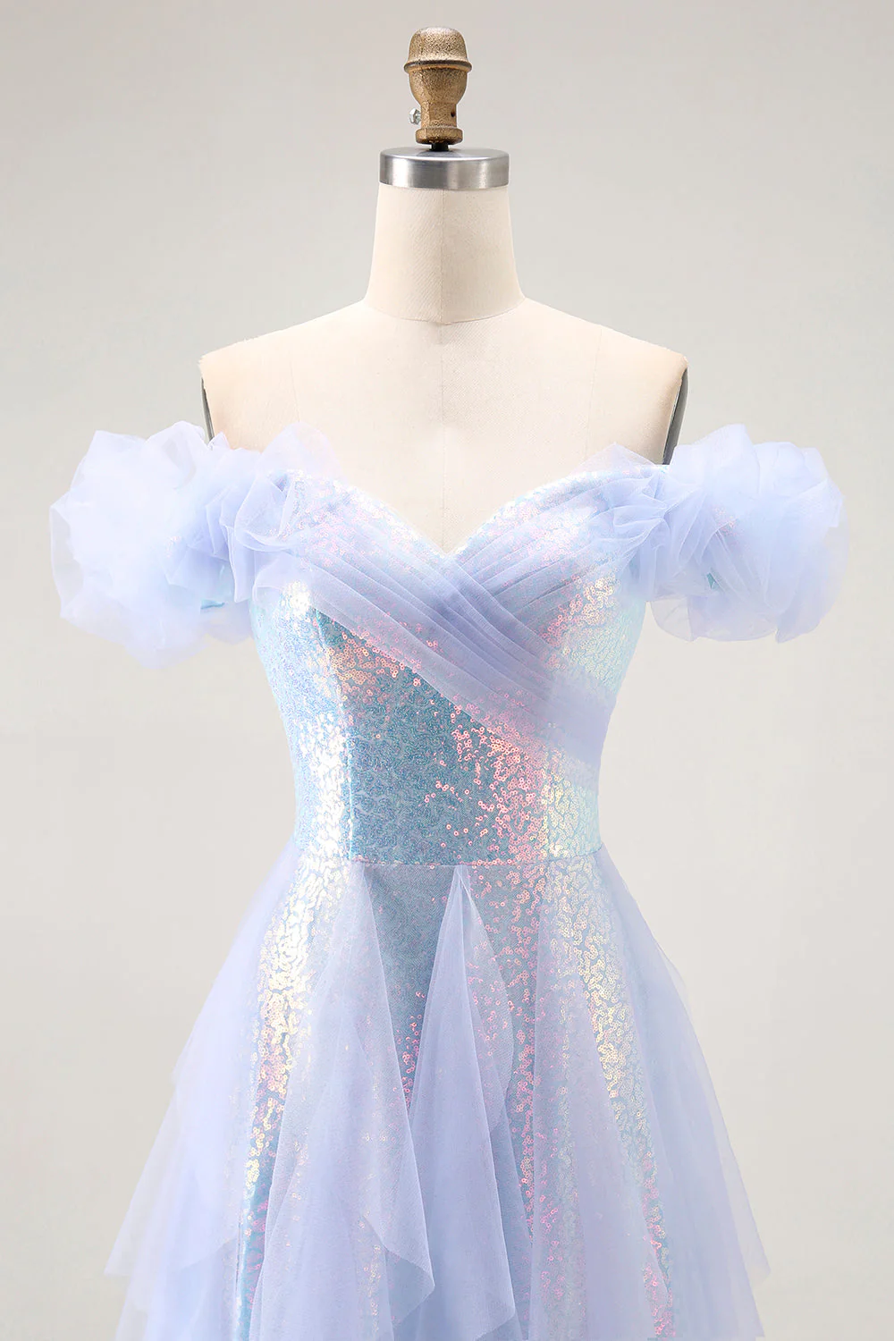 Sparkly Light Blue Off The Shoulder A Line Long Prom Dress with Seuqins - Image 4