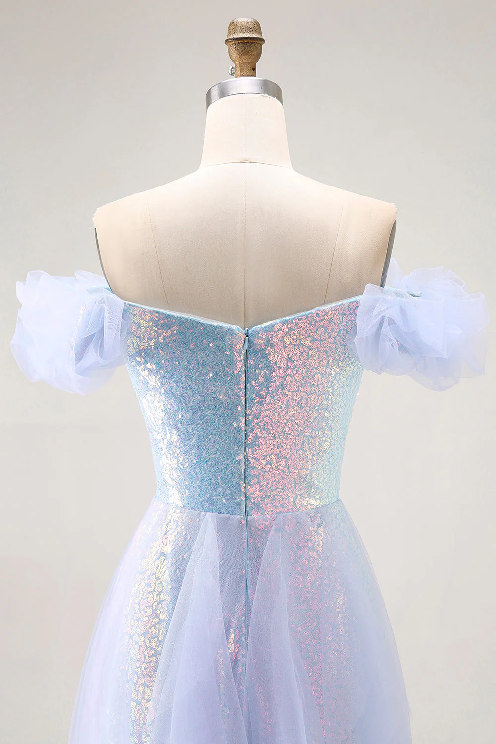 Sparkly Light Blue Off The Shoulder A Line Long Prom Dress with Seuqins - Image 5