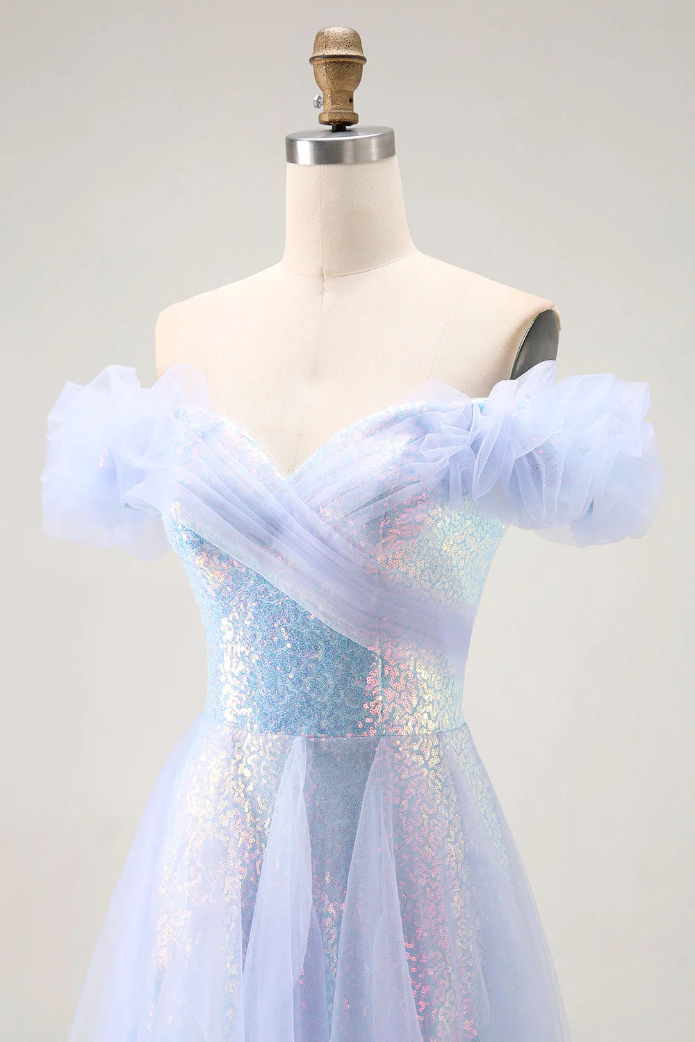Sparkly Light Blue Off The Shoulder A Line Long Prom Dress with Seuqins - Image 6