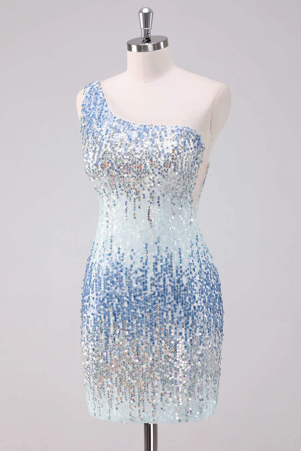 Sparkly Light Blue One Shoulder Sequins Bodycon Short Graduation Dress - Image 3