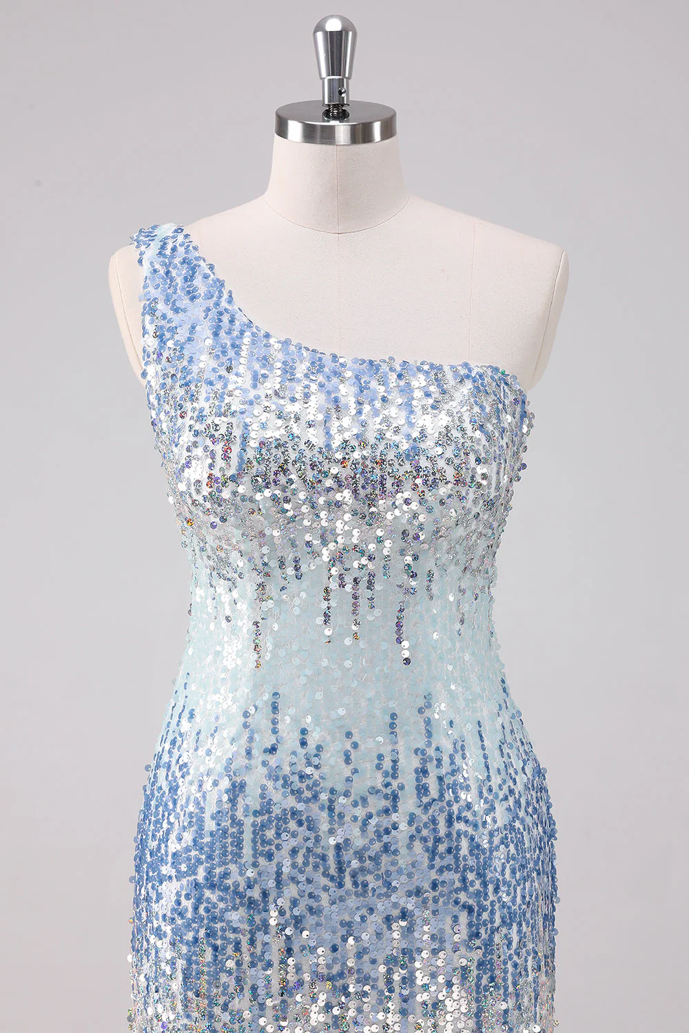 Sparkly Light Blue One Shoulder Sequins Bodycon Short Graduation Dress - Image 4