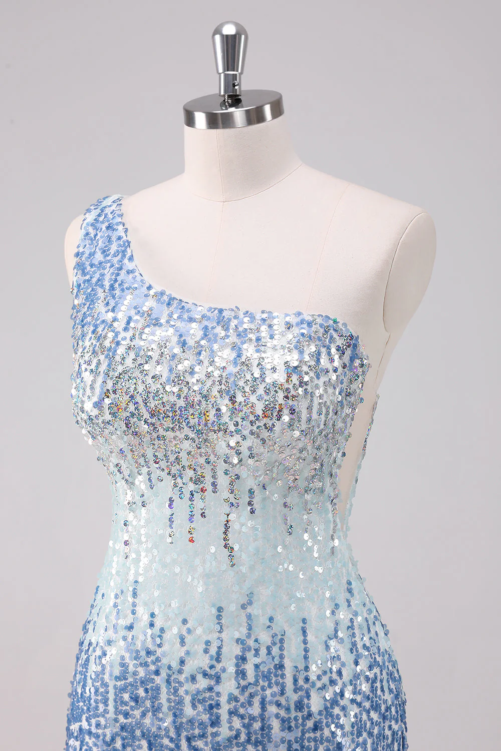 Sparkly Light Blue One Shoulder Sequins Bodycon Short Graduation Dress - Image 6