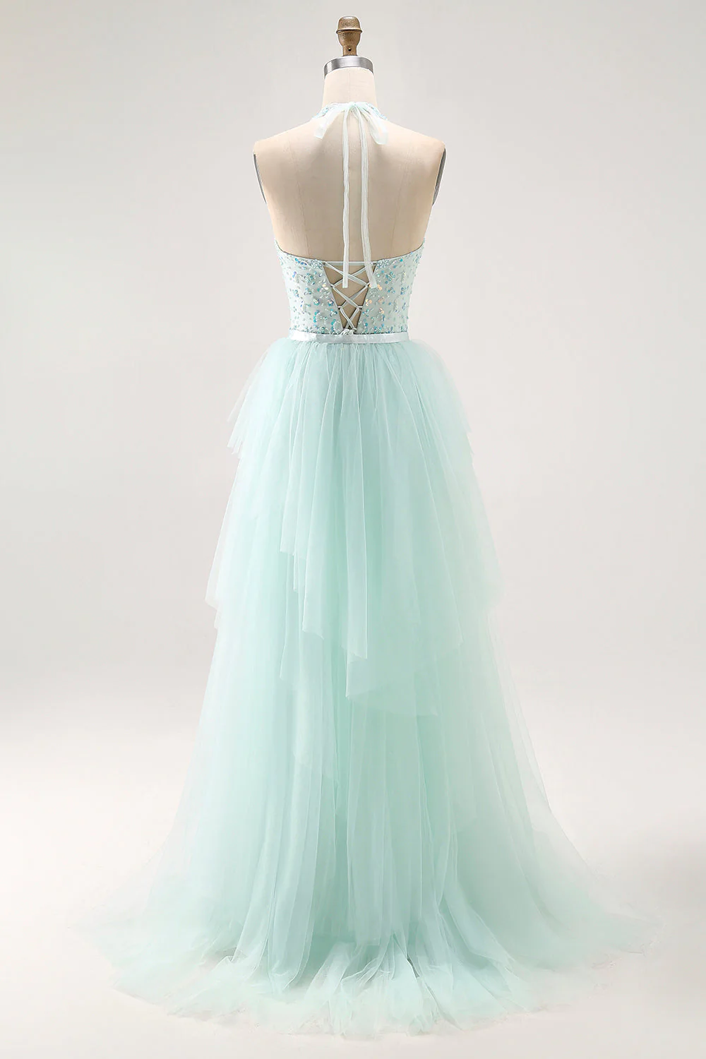 Sparkly Light Green A-Line Halter Sequins Corset Long Prom Dress with Beading - Image 2