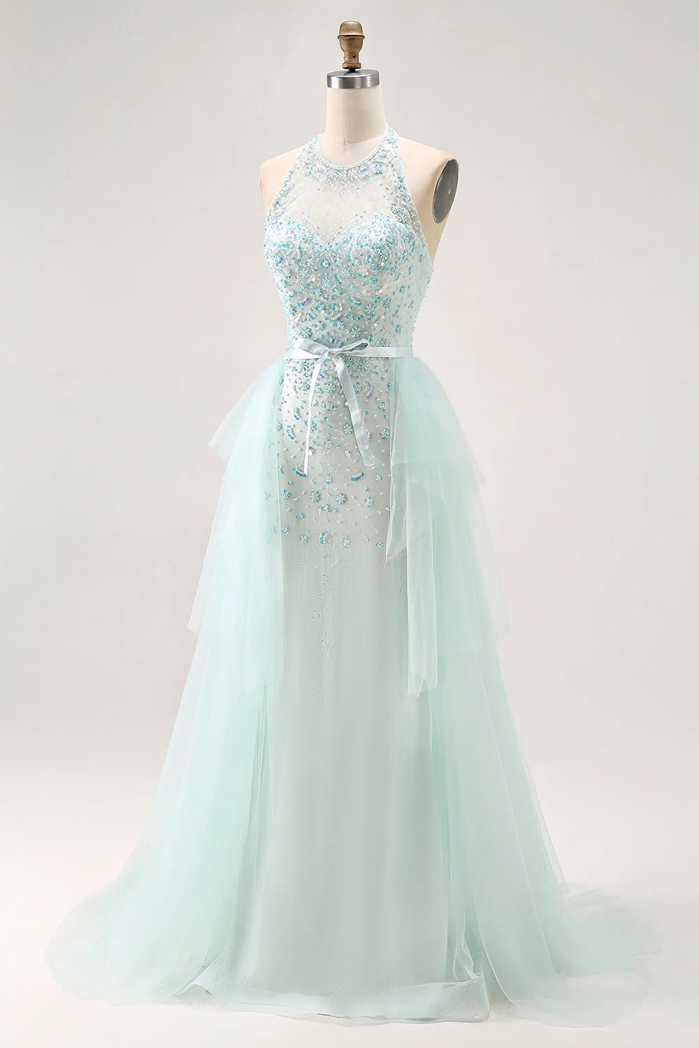 Sparkly Light Green A-Line Halter Sequins Corset Long Prom Dress with Beading - Image 3