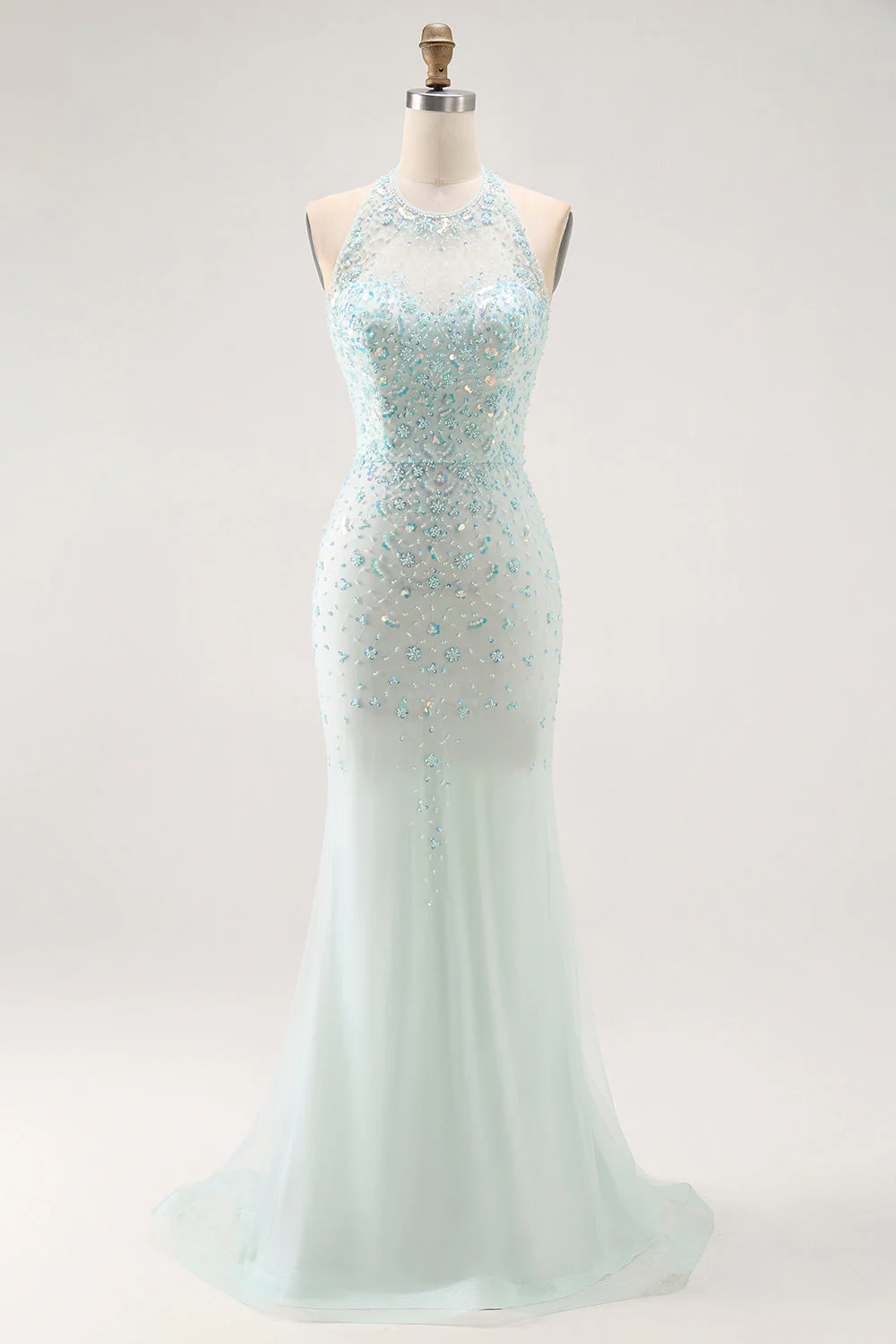 Sparkly Light Green A-Line Halter Sequins Corset Long Prom Dress with Beading - Image 4
