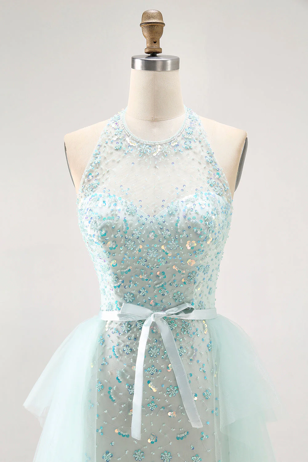 Sparkly Light Green A-Line Halter Sequins Corset Long Prom Dress with Beading - Image 5