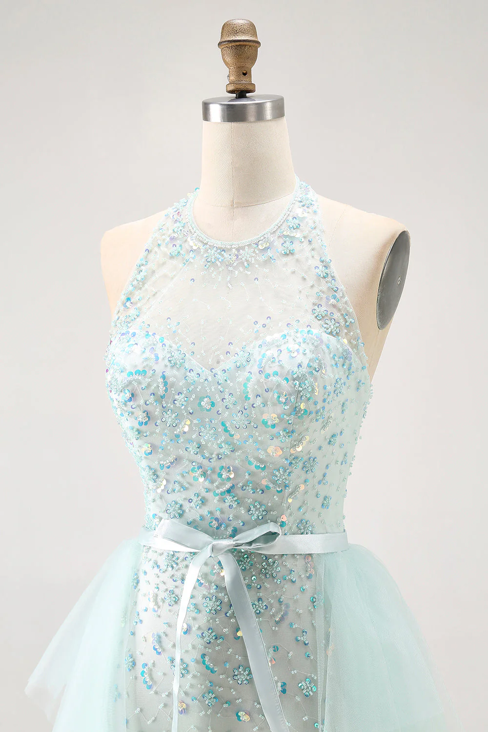 Sparkly Light Green A-Line Halter Sequins Corset Long Prom Dress with Beading - Image 6