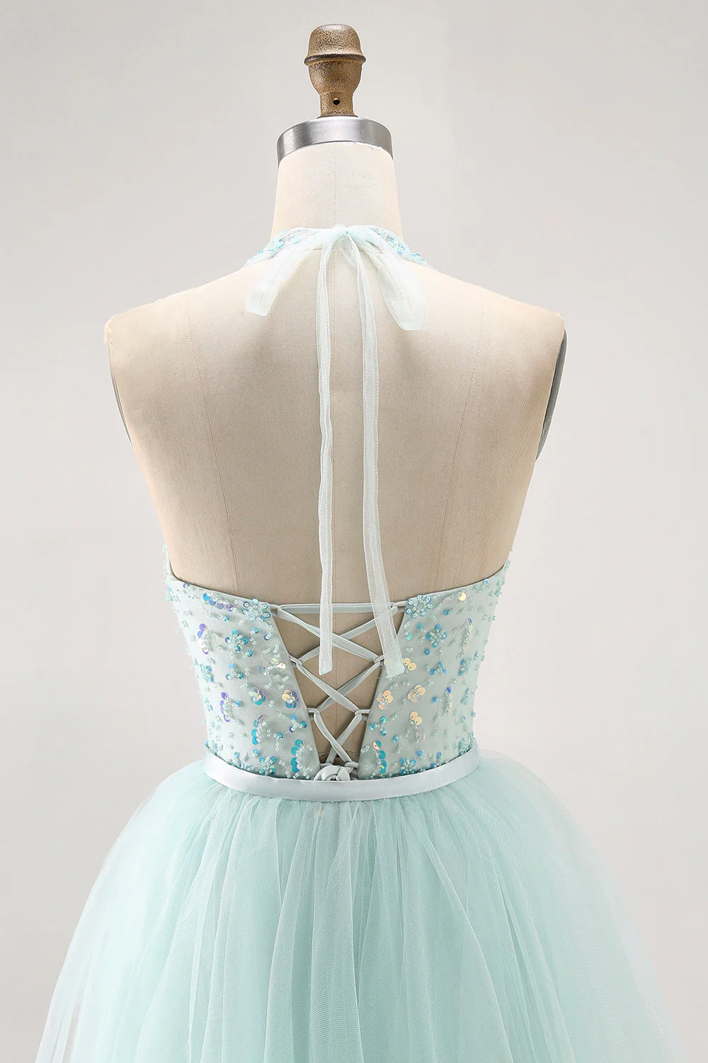 Sparkly Light Green A-Line Halter Sequins Corset Long Prom Dress with Beading - Image 7