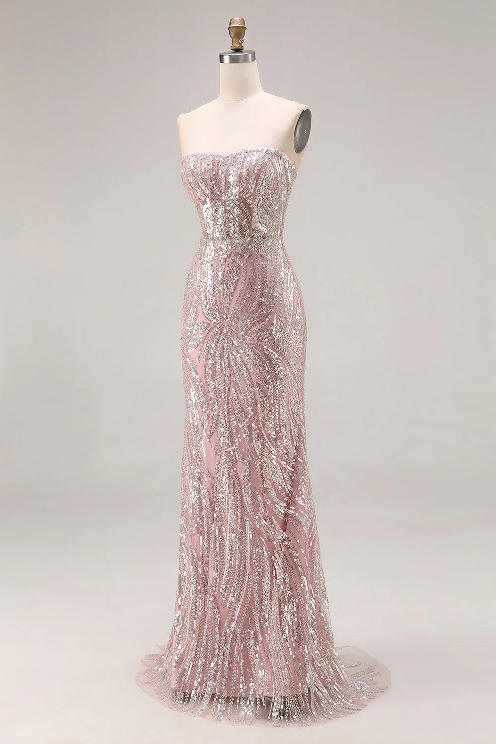 Sparkly Light Pink Strapless Sheath Long Prom Dress with Sequins - Image 3