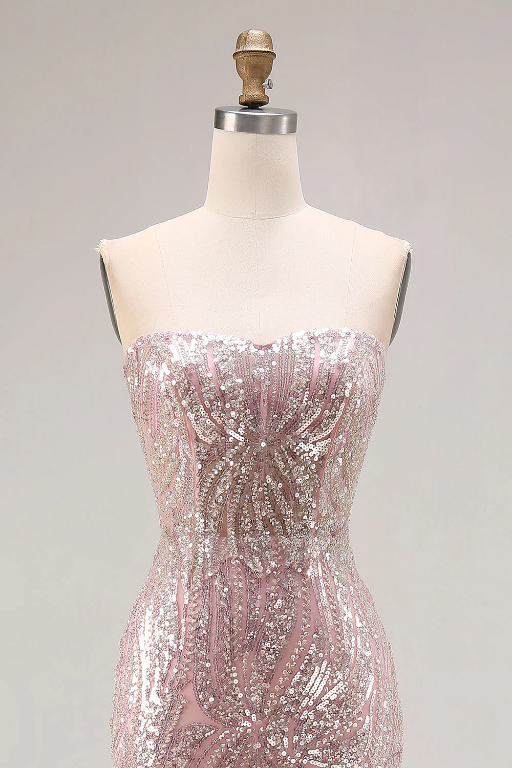 Sparkly Light Pink Strapless Sheath Long Prom Dress with Sequins - Image 4