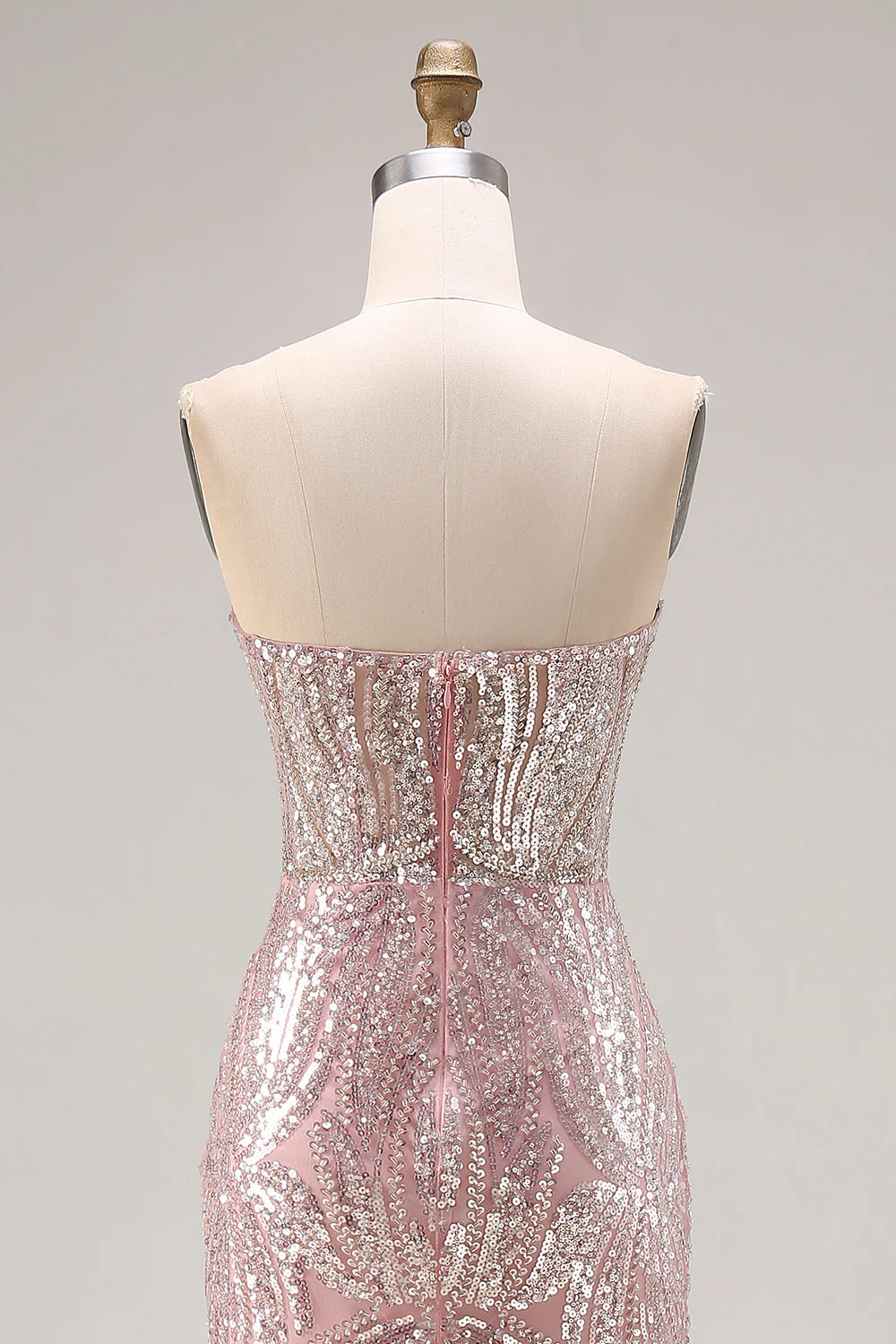 Sparkly Light Pink Strapless Sheath Long Prom Dress with Sequins - Image 5