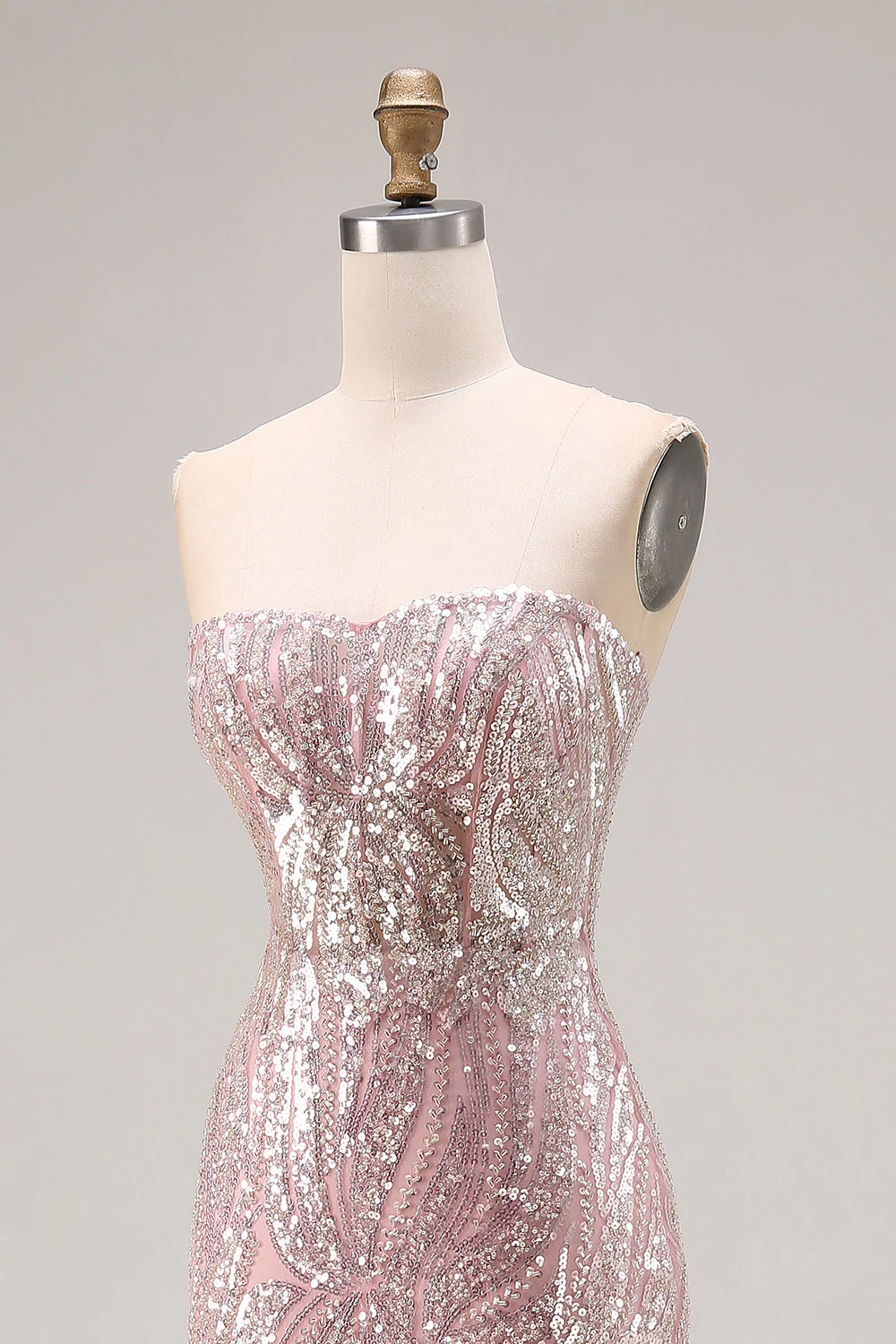 Sparkly Light Pink Strapless Sheath Long Prom Dress with Sequins - Image 6