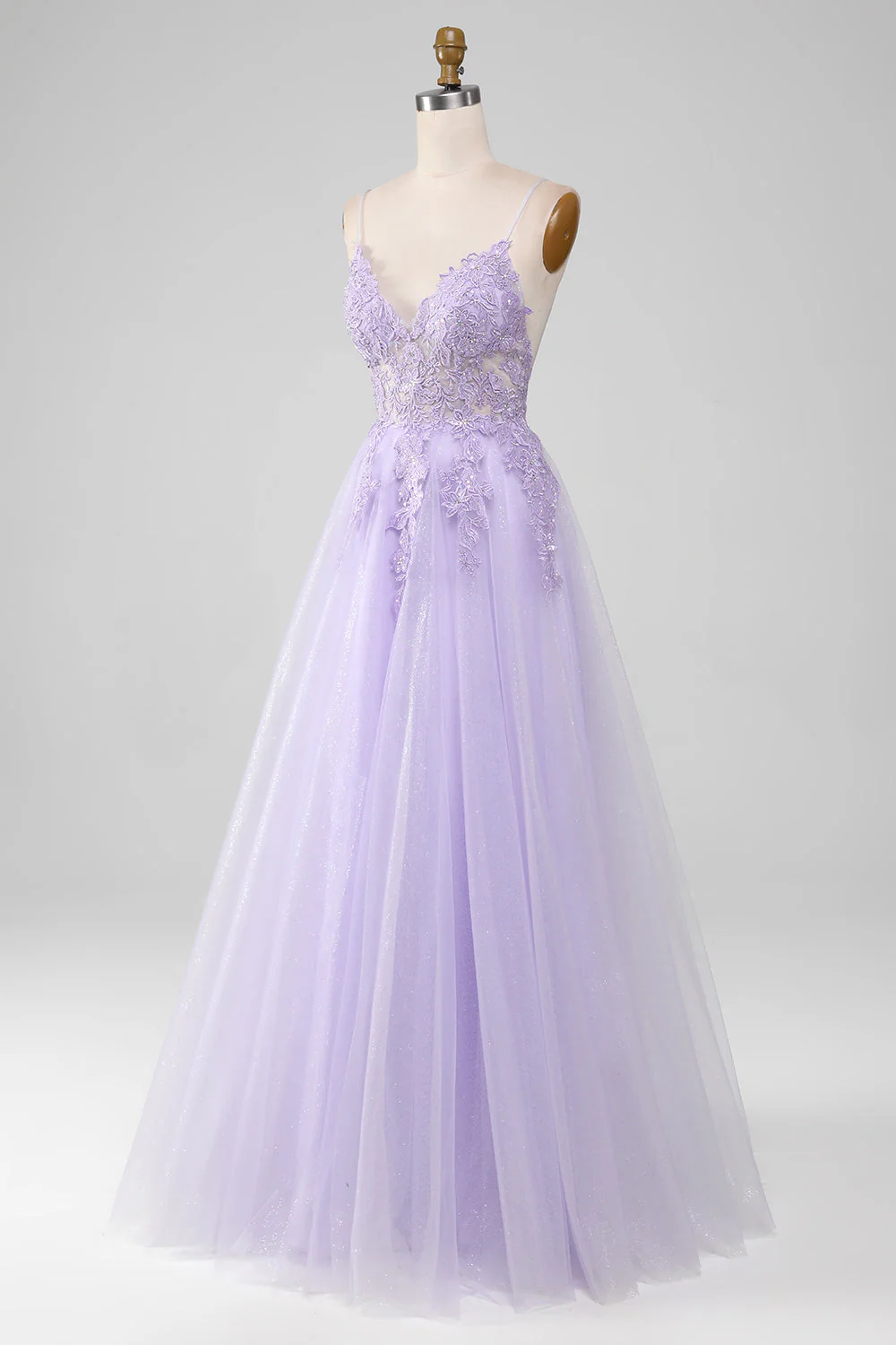 Sparkly Light Purple A-Line Spaghetti Straps Long Prom Dress With Beading - Image 3