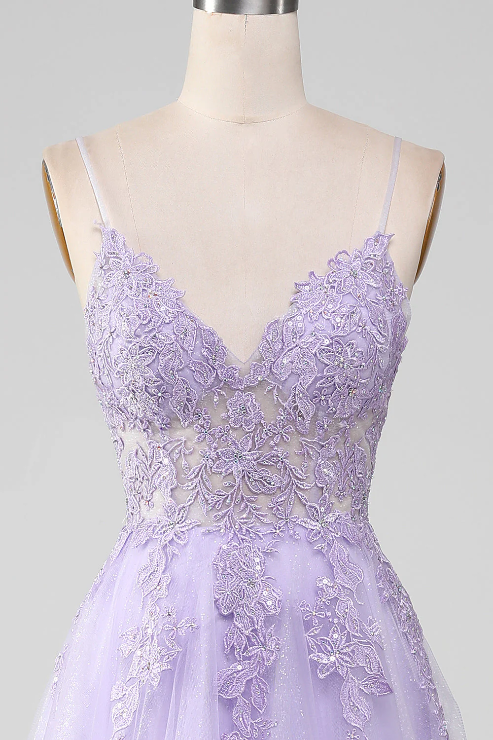 Sparkly Light Purple A-Line Spaghetti Straps Long Prom Dress With Beading - Image 4