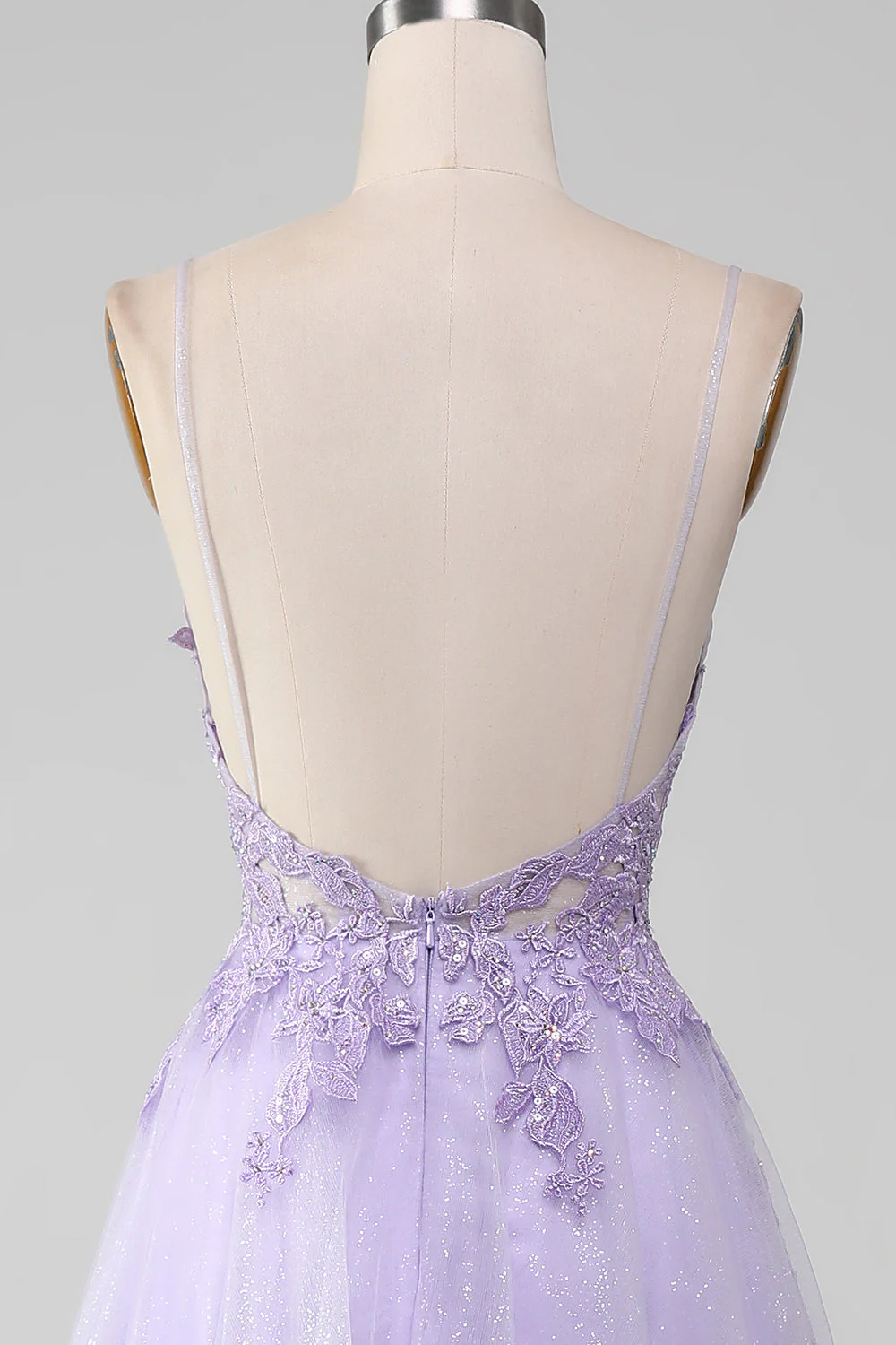 Sparkly Light Purple A-Line Spaghetti Straps Long Prom Dress With Beading - Image 5