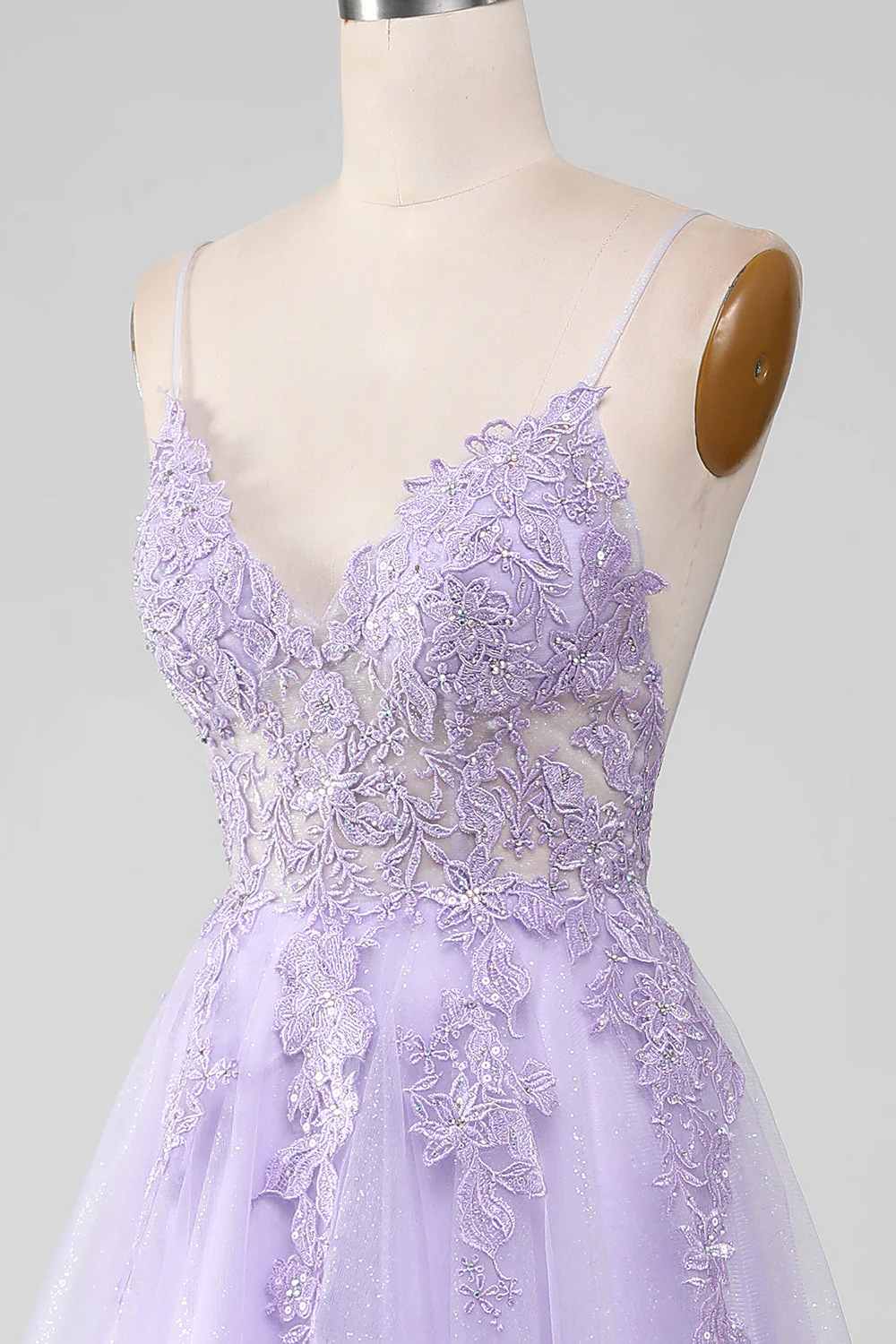 Sparkly Light Purple A-Line Spaghetti Straps Long Prom Dress With Beading - Image 6