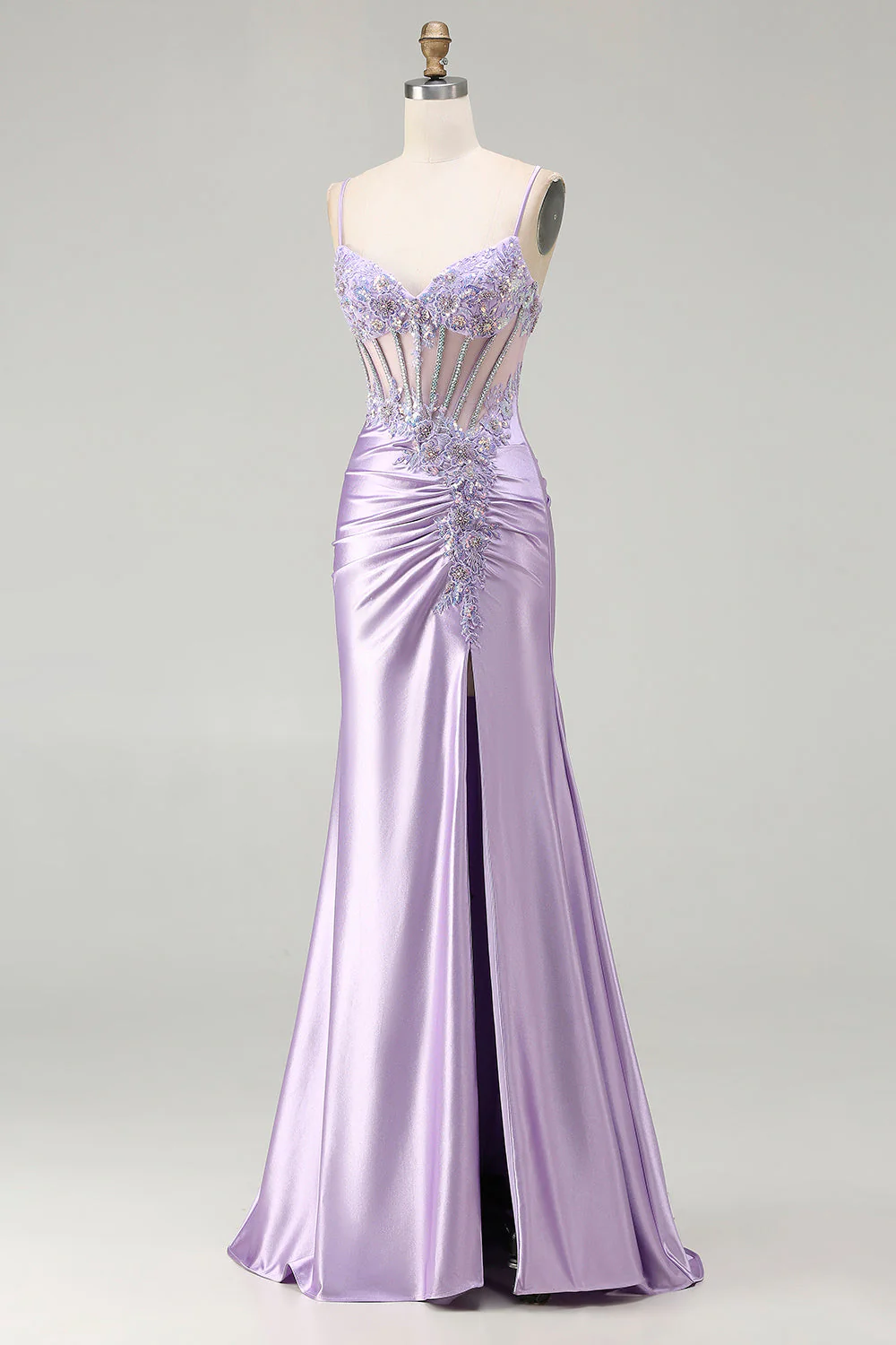 Sparkly Light Purple Mermaid Seuqin Ruched Long Prom Dress with Slit - Image 3