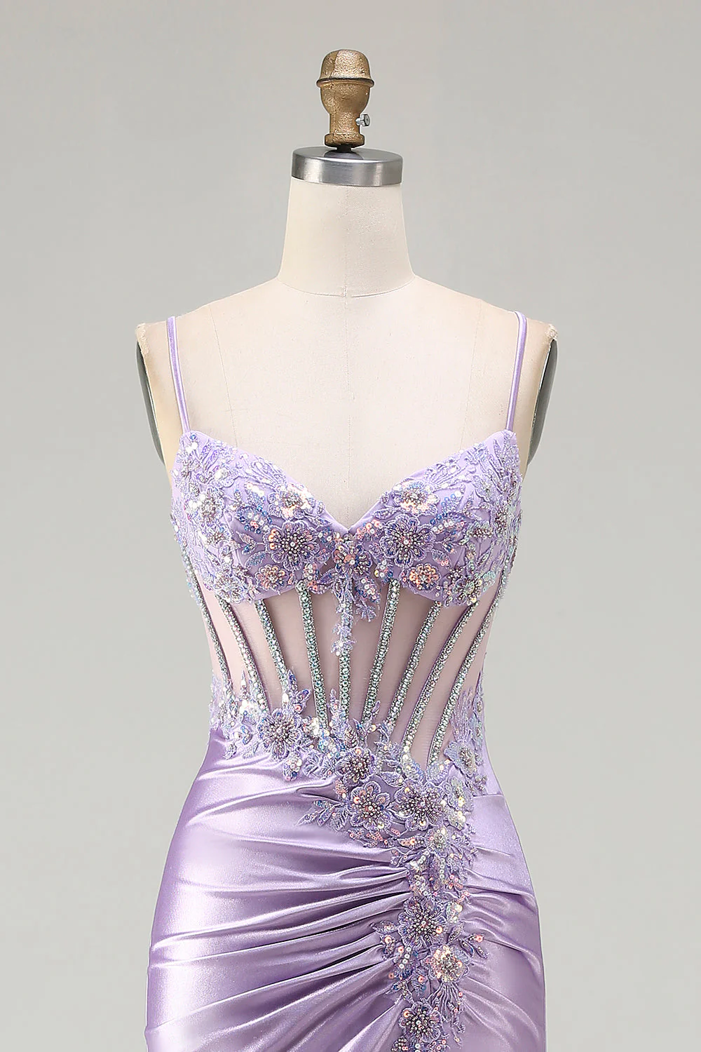 Sparkly Light Purple Mermaid Seuqin Ruched Long Prom Dress with Slit - Image 4