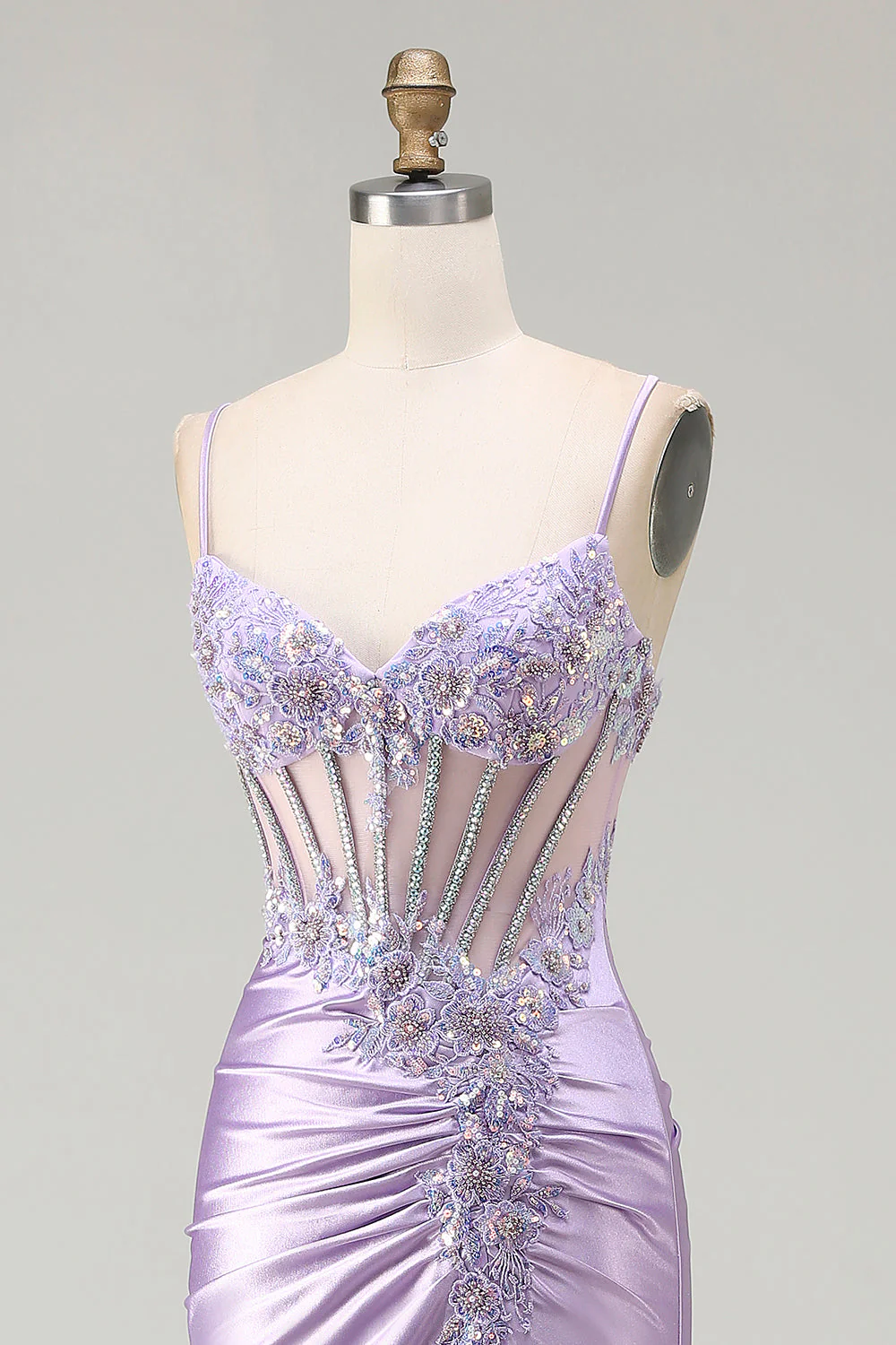 Sparkly Light Purple Mermaid Seuqin Ruched Long Prom Dress with Slit - Image 6