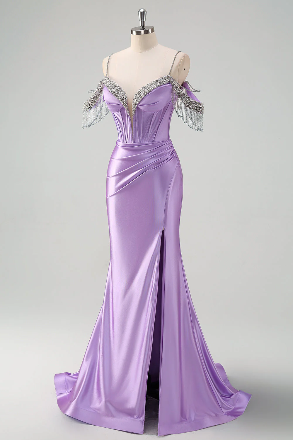 Sparkly Lilac Mermaid Cold Shoulder Tassels Satin Beaded Long Prom Dress with Slit - Image 3