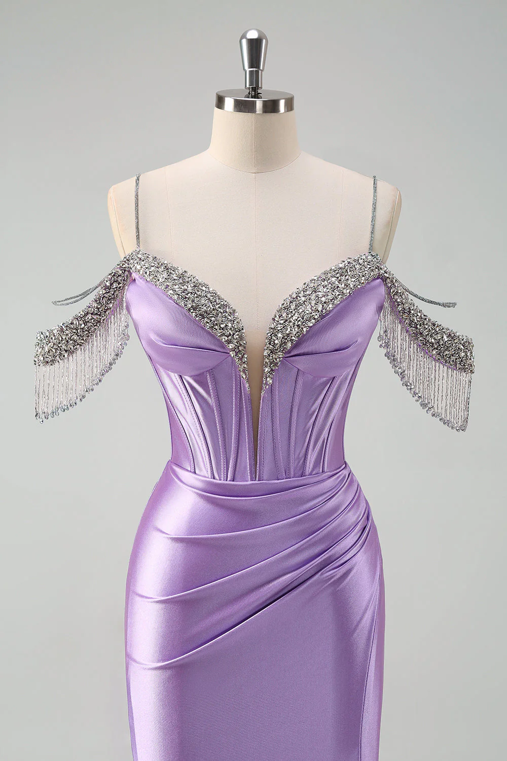 Sparkly Lilac Mermaid Cold Shoulder Tassels Satin Beaded Long Prom Dress with Slit - Image 4