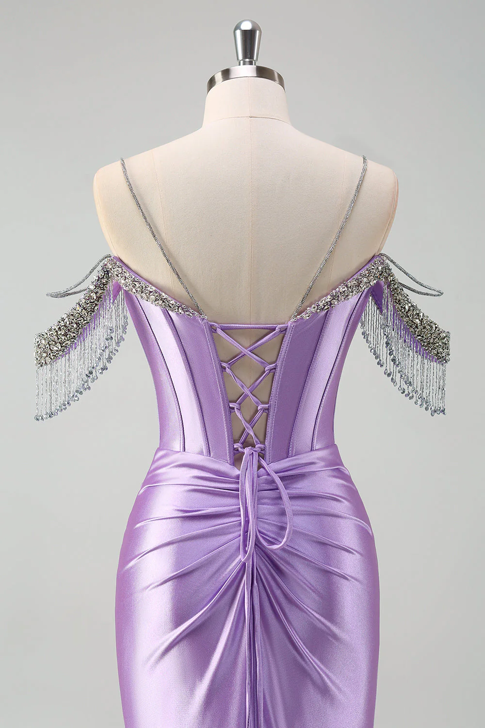 Sparkly Lilac Mermaid Cold Shoulder Tassels Satin Beaded Long Prom Dress with Slit - Image 5