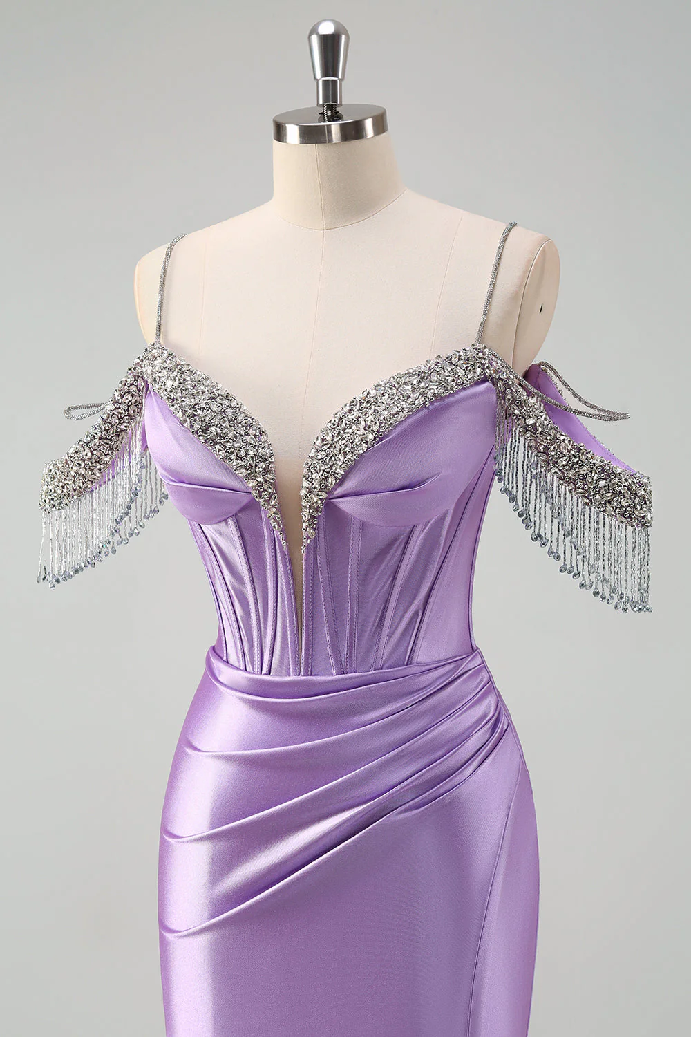 Sparkly Lilac Mermaid Cold Shoulder Tassels Satin Beaded Long Prom Dress with Slit - Image 6