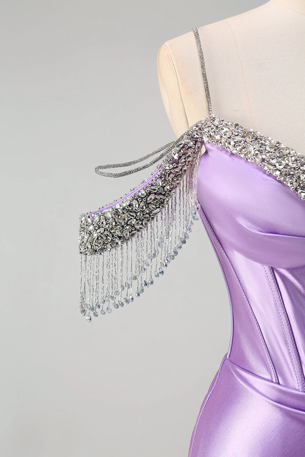 Sparkly Lilac Mermaid Cold Shoulder Tassels Satin Beaded Long Prom Dress with Slit - Image 7